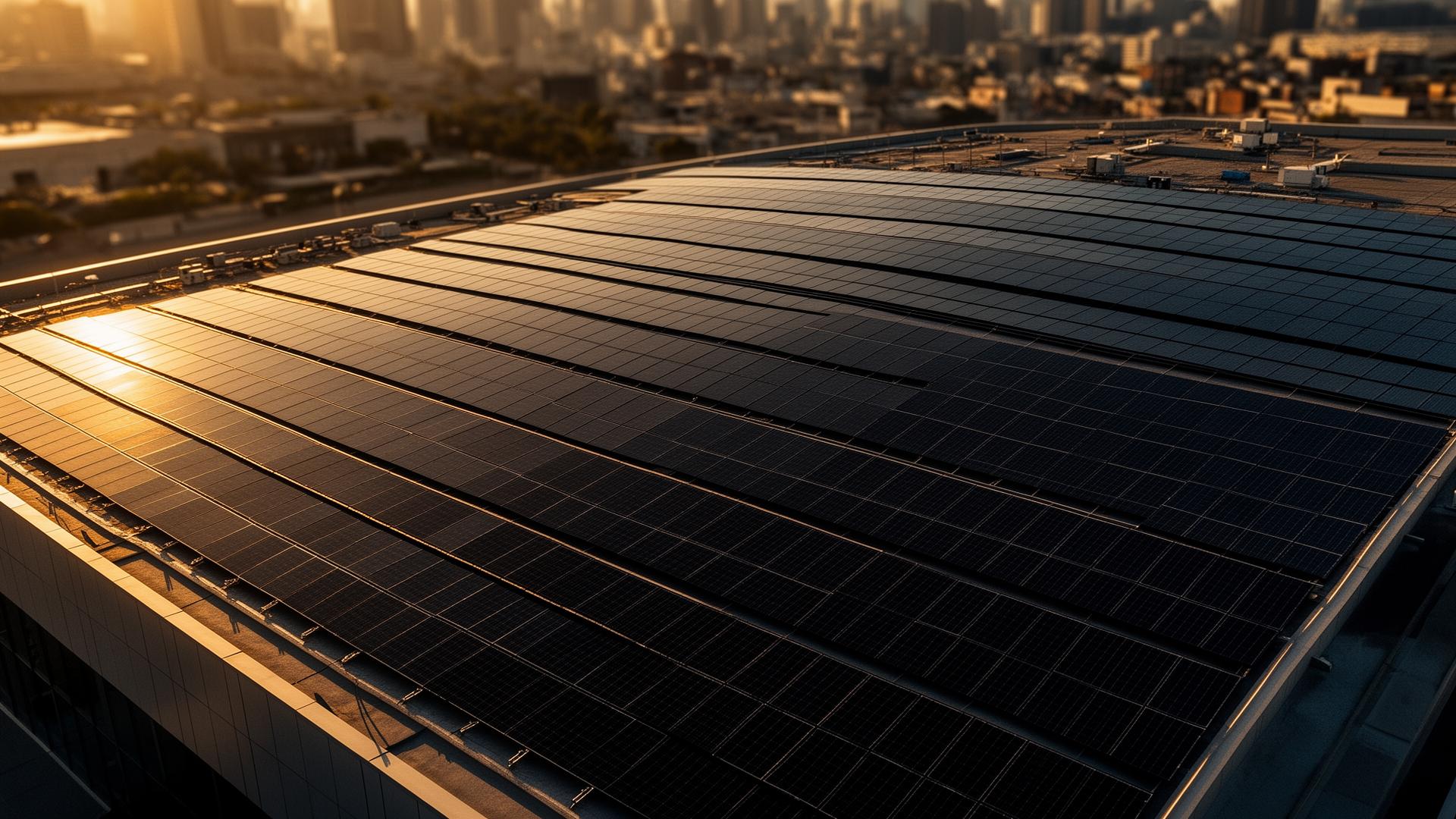 Aerial view of commercial rooftop solar installation at golden hour